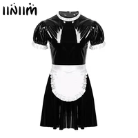 new mens male sissy maid dress cosplay costume clubwear puff sleeve wetlook latex maid servant uniform flared dress with apron