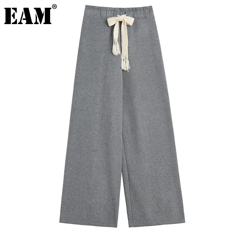 

[EAM] серые длинные широкие повседневные брюки с высокой эластичной резинкой на талии, новые свободные женские брюки, модные весенне-осенние ...