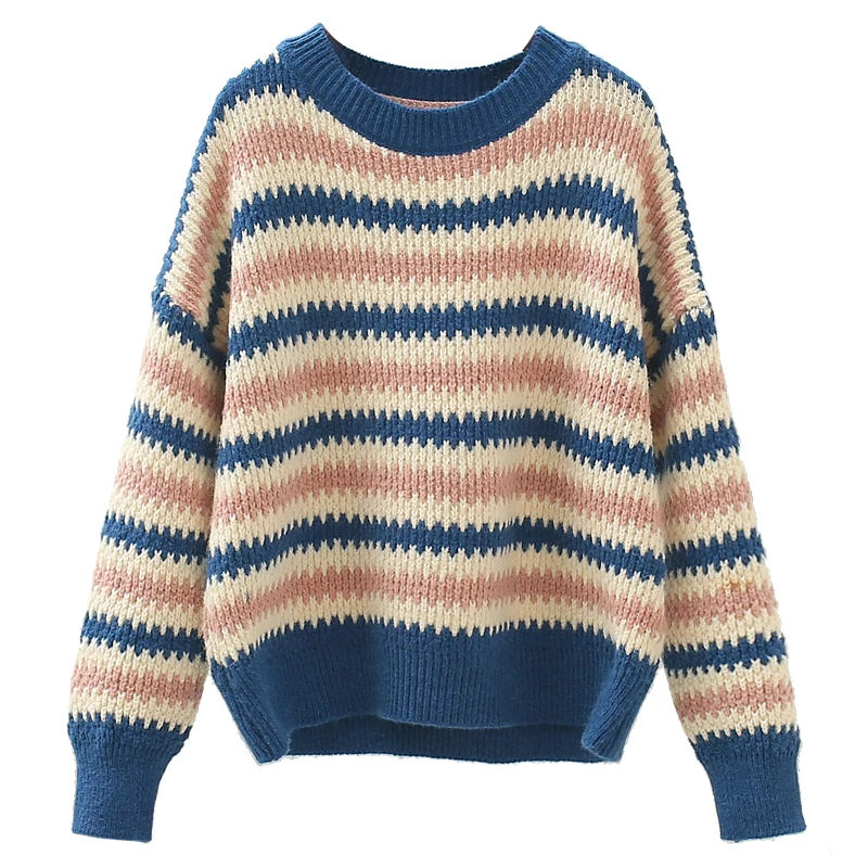 

Striped Knitted Women Sweater Pullovers O-Neck Long-Sleeved Sweet All Match Female Pulls Tops
