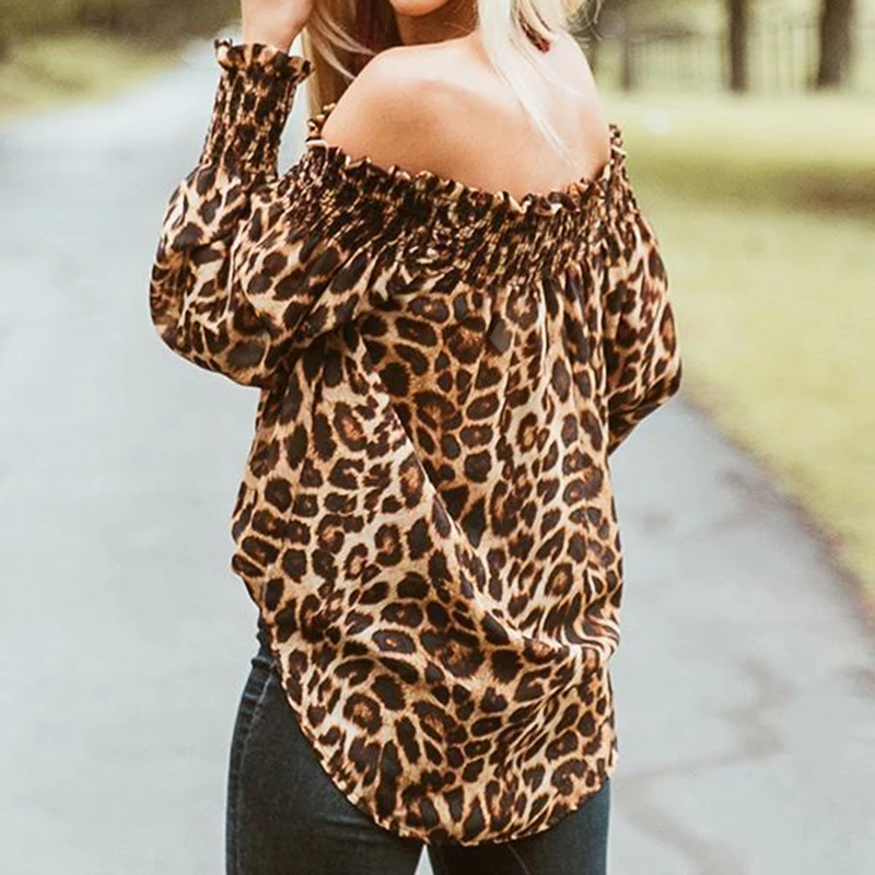 

New Autumn Fashion Women Sexy Off Shoulder Long Sleeve T-shirts Casual Leopard Slash Neck Tops Plus Size