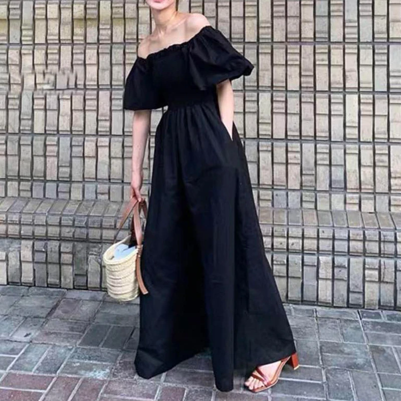 

Vintage jumpsuit harajuku Korean Loose Lanter sleeves High waist wide leg pants Folds Square collar jumpsuit Women 672F liang