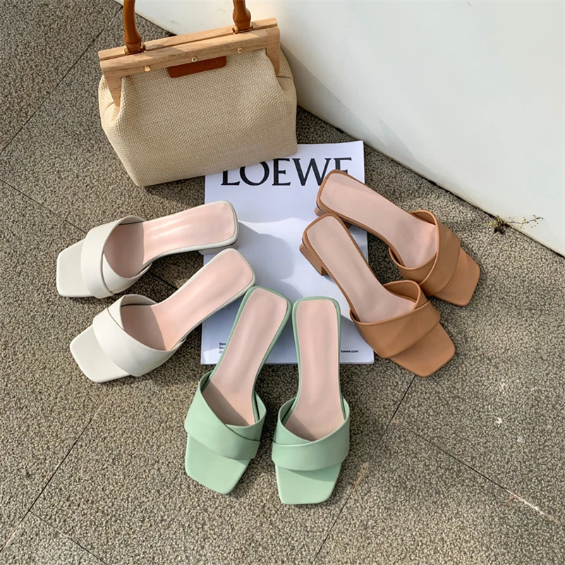 

Meotina Slippers Shoes Women Med Heel Sandals Thick Heel Slides Square Toe Ladies Footwear Summer Green Fashion Shoes Size 33-43