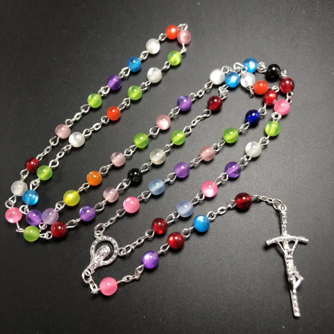 freeship 3pcs/set multicolor catholic Rosary necklace beautiful 6mm faux cat eye bead rosary pendant Necklace virgin mary center | Украшения