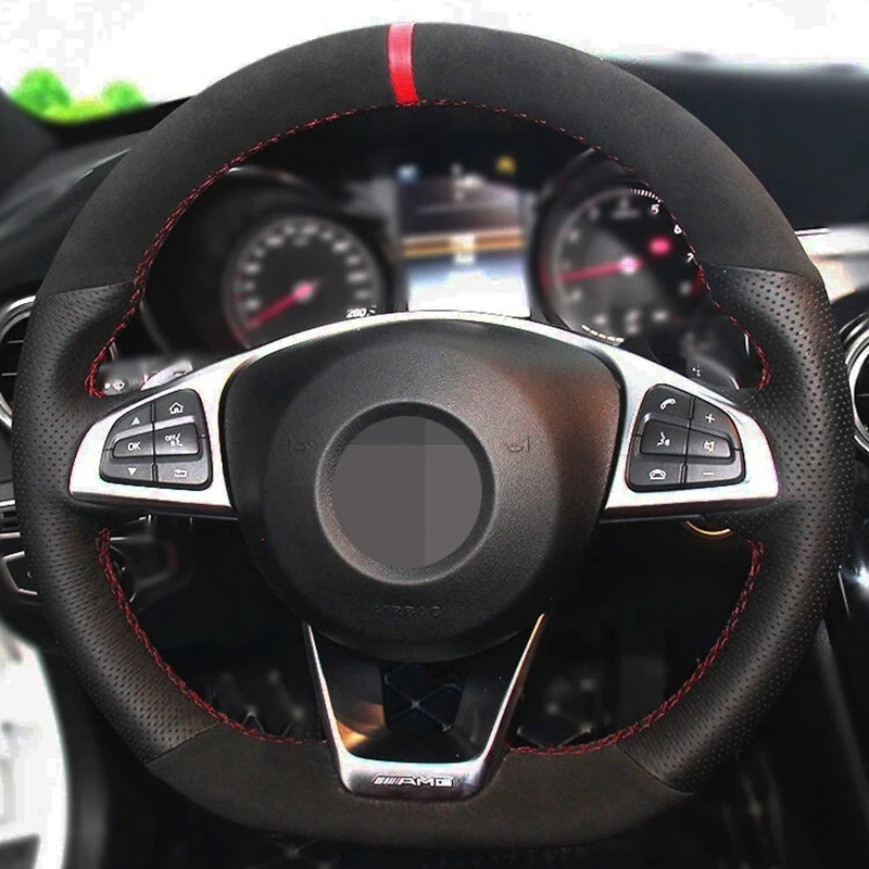DIY Non-slip Car Steering Wheel Cover Black Genuine Leather Carbon Fiber Suede For Mercedes-Benz C200 C250 C300 B250 B260