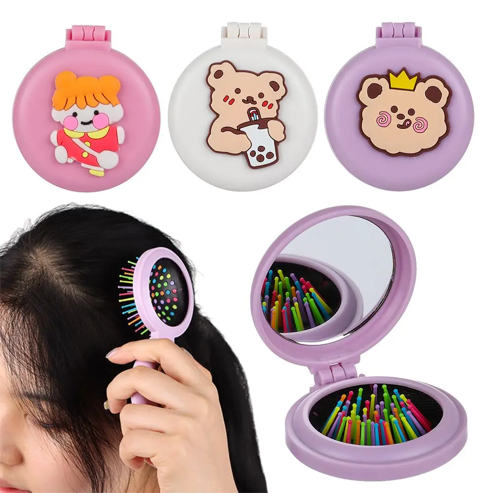 Складная расческа для волос 2-в-1 милая мультяшная портативная щетка с зеркалом