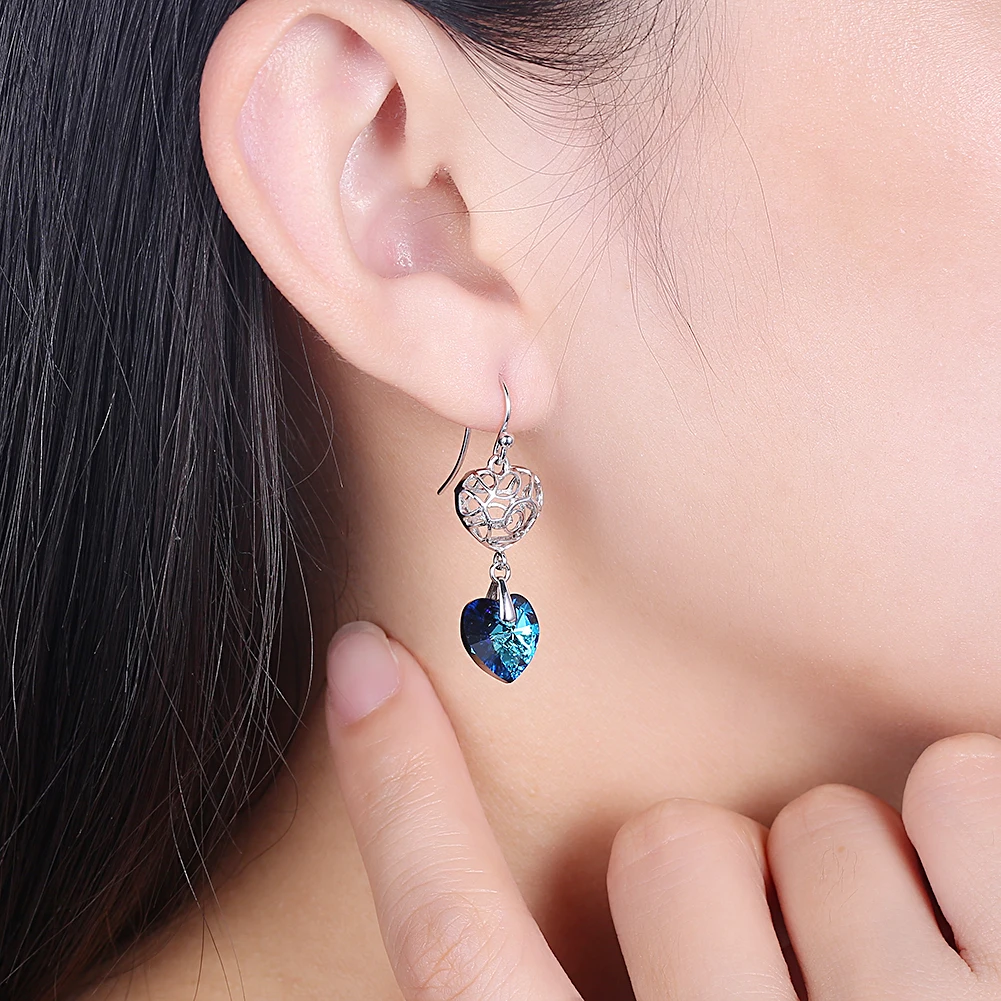 

ZEMIOR 925 Sterling Silver Drop Earrings For Women Hollow Heart And Austria Crystal Heart Pendants Earrings Fine Jewelry