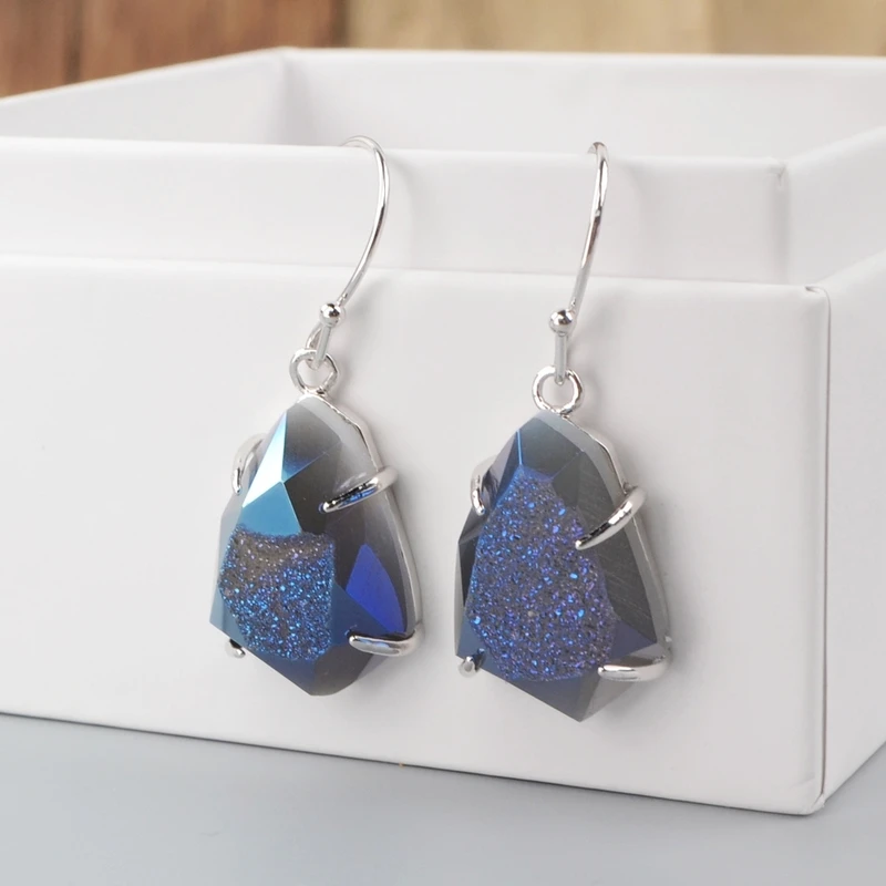 silver-blue Натуральные Агаты, висячие серьги, титановые серьги-крючки, ограненные драгоценные камни, серебрение, для девочек, ежедневные серьги, Прямая поставка - Окраска металла: silver-blue