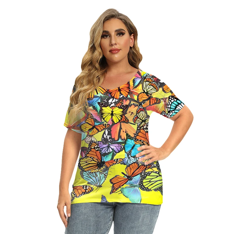 

Summer Oversized Tops Women Short Sleeve Print Butterfly T Shirts Fashion Trends Casual V-Neck Loose Plus Size Cotton Tops 5XL