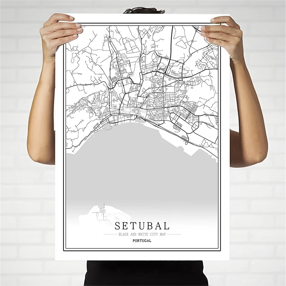 Португалия черно белая карта городов мира плакат Скандинавская гостиная