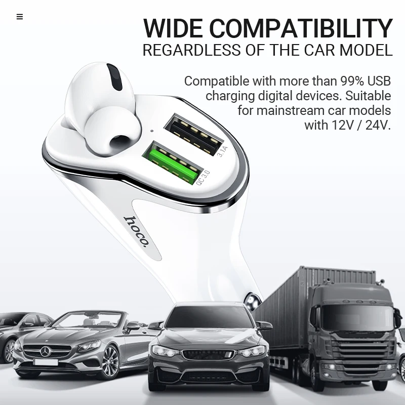 

hoco QC3.0 Car Charger 2in1 Wireless Headset Earphone with Mic Fast Charging Dual USB in-Car Adapter BT V5.0 Hands Free