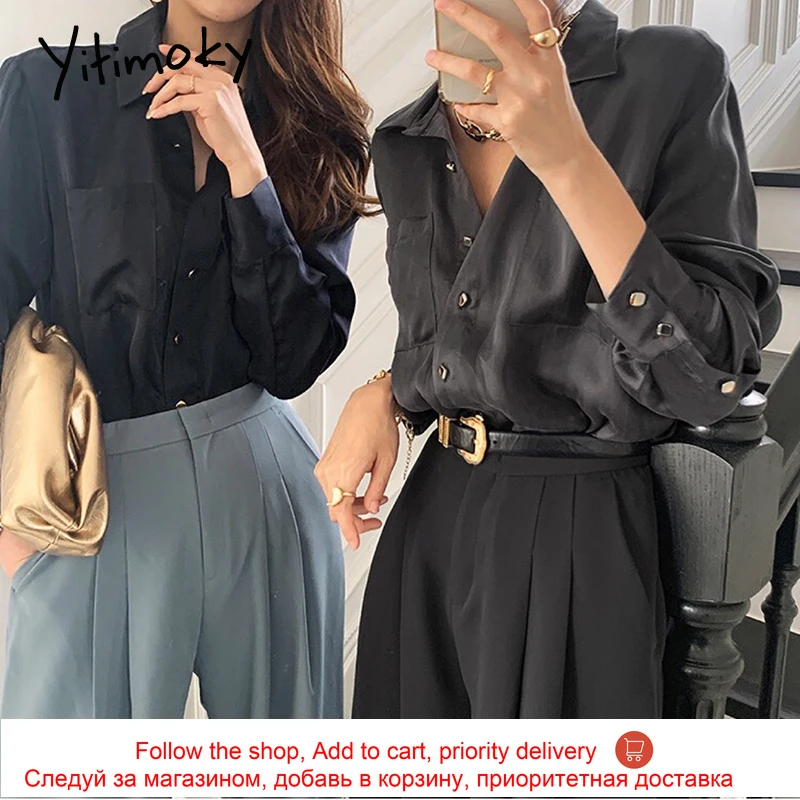 

Yitimoky Blouse Women Tops Clothing Solid Office Lady 2021 Spring Autumn French Spain Fashion Vintage Shirts Turn-down Collar