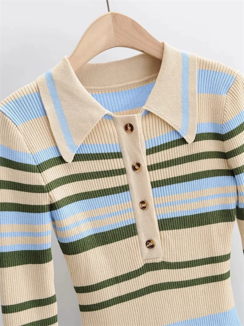 

TVVOVVIN Women Spread Collar Partial Button Placket Soft Knit Rib Bodysuit Long Sleeved Striped Knit Bodysuit QKXE