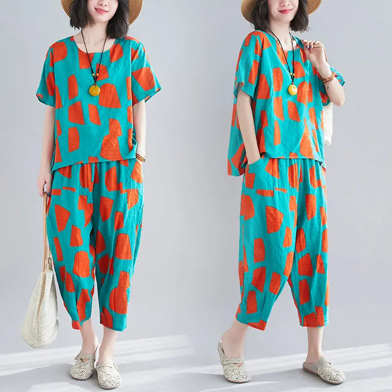

Ladies Summer Loose Casual Cotton Suits Printed Short Sleeve Top + Elastic Waist Loose Pants Two Piece Female aq1222