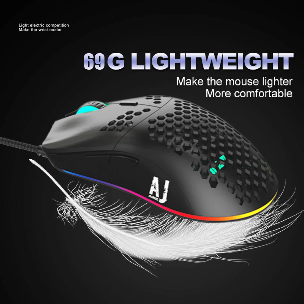 

URCHOICELTD Gaming Mouse 6 Colors LED Light 16000DPI Adjustable 7 Keys Honeycomb Hollow Design 69g Lightweight ABS Wired Mouse