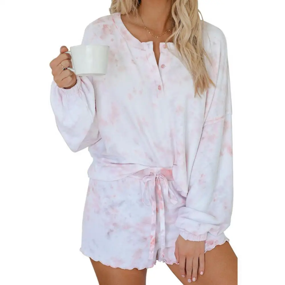 

Women Long Sleeve Blouse Drawstring Shorts Homewear Loungewear Set Outfits