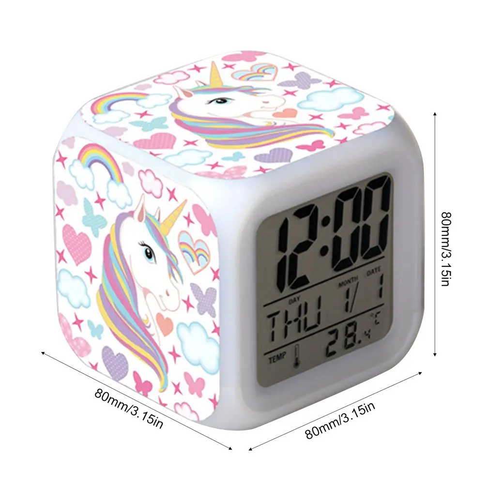 

4-sided Unicorn Pattern And 7 Kinds Of LED Luminous Wake-up Bedside Clock Unicorn Room Decoration Children's Alarm Clock