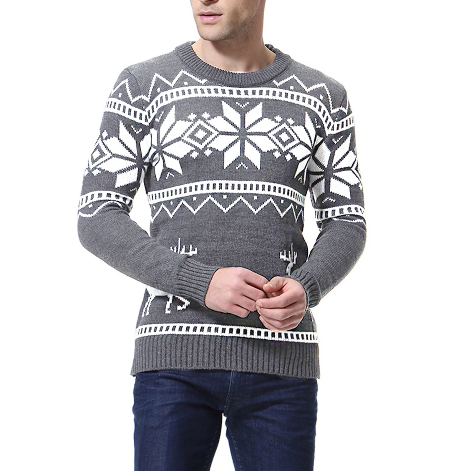 

2020 Winter New Men's Fashion Christmas Sweater Long-Sleeved Round Neck Snowflake Deer Print Pullover Knitwear Xmas Tops