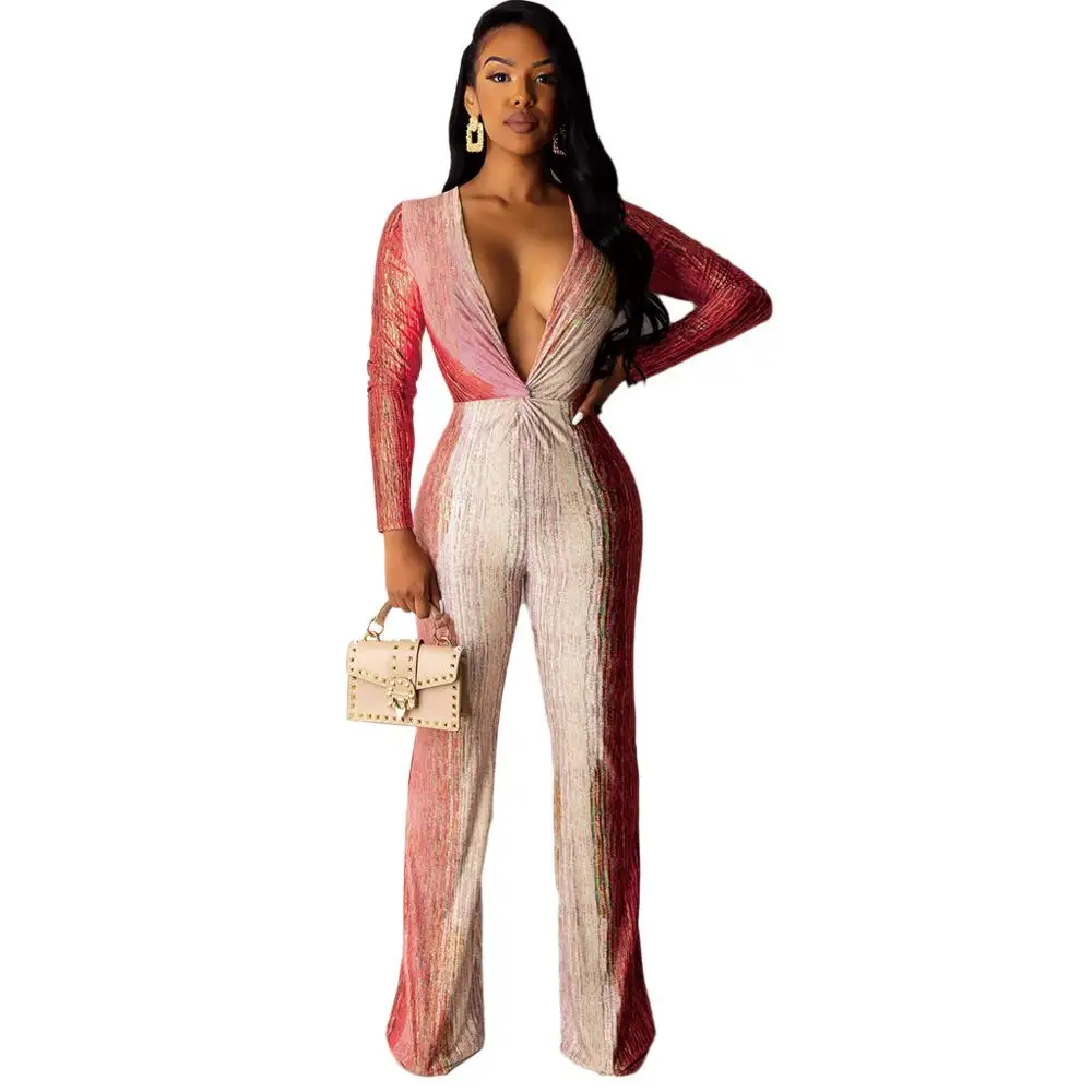 

Charming Women Sexy Deep V-neck Jumpsuits Nightclub Wear Lady's Full Sleeve Slim Waist Straight Rompers With Gradient Color