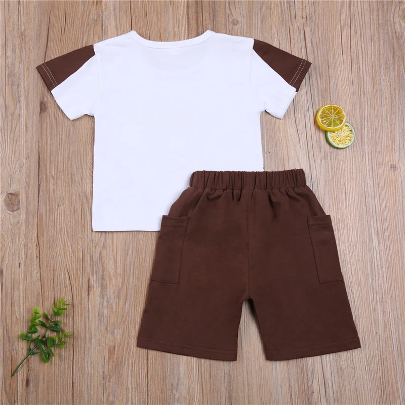 

2Pcs Set Kid Boy Clothes Patchwork Top Crew Neck Geometric Pattern Printing KEEP COOL BOY T-shirt Solid Shorts for Children