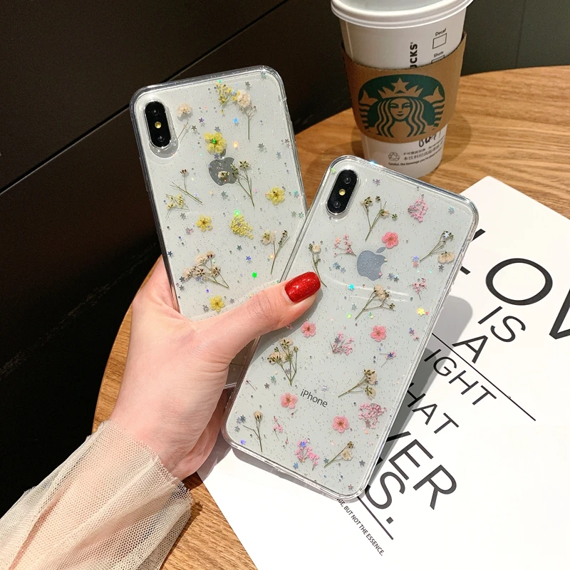Прозрачный мягкий чехол из ТПУ с настоящими цветами для телефона iPhone 12 11 Pro Max X XS XR