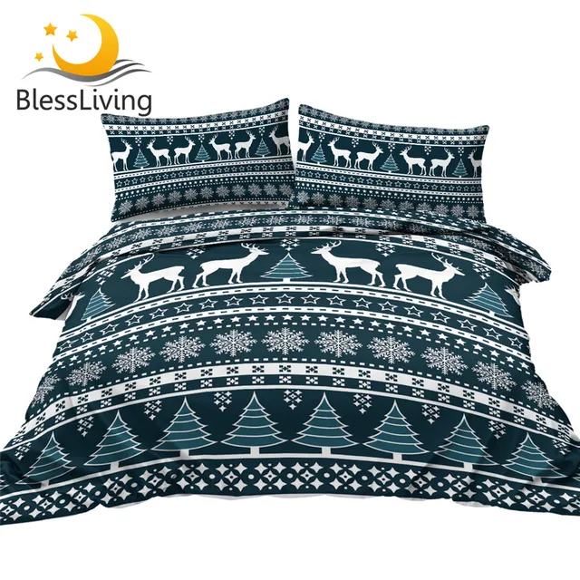 BlessLiving Christmas Holiday Bedding Set Deer Elk Duvet Cover Trees Bedspreads Geometric Striped Bed Set Snowflake Bed Cover 1