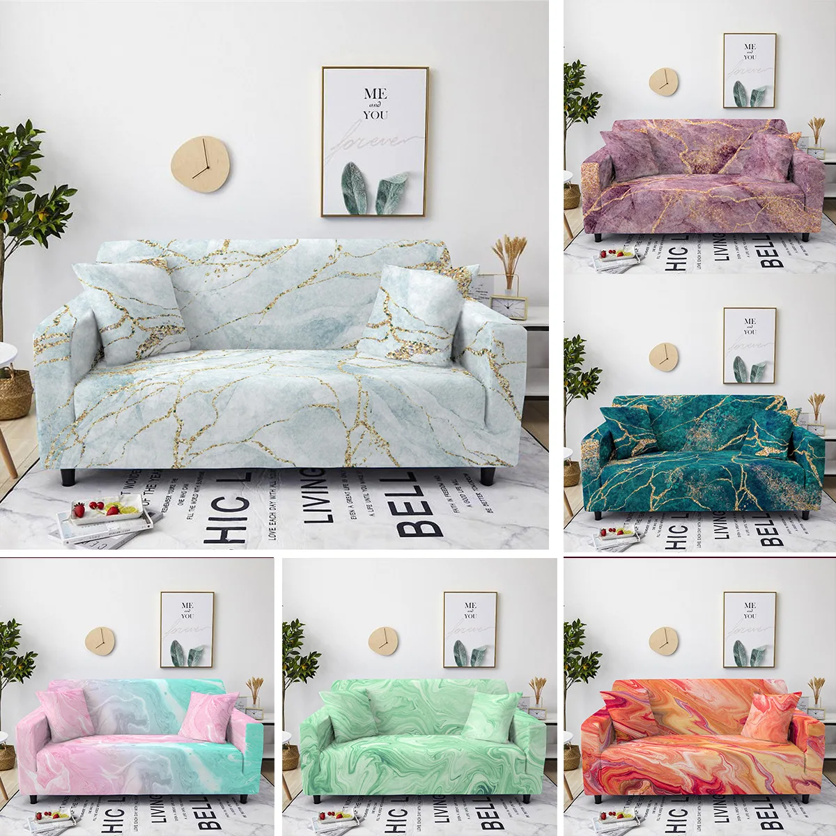 

Marble Pattern Printed Stretch Sofa Cover 3 Seater Couch Cover for Living Room Elastic Corner Sectional L Shaped Sofa Cover