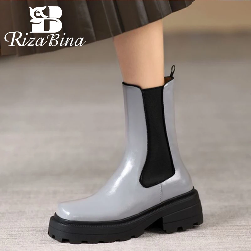 

RIZABINA New Short Boots Women Real Leather Mix Color Winter Ladies Shoes Fashion Thick Bottom Ankle Boots Footwear Size 34-39