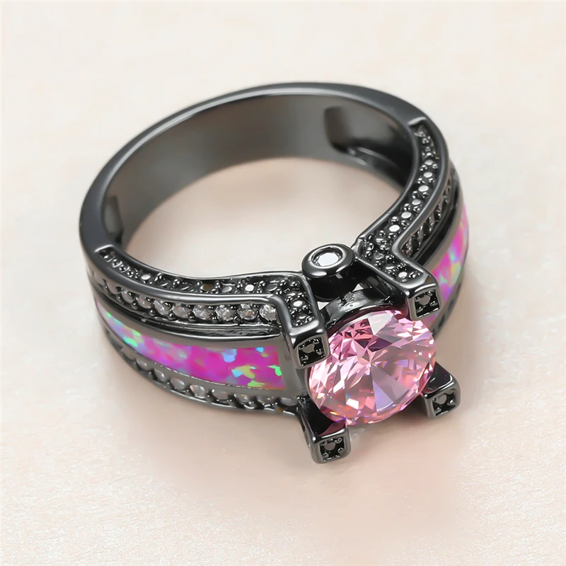 

Luxury Female Pink Round Crystal Ring Charm 14KT Black Gold Big Wedding Rings For Women Punk Bride Opal Stone Engagement Ring