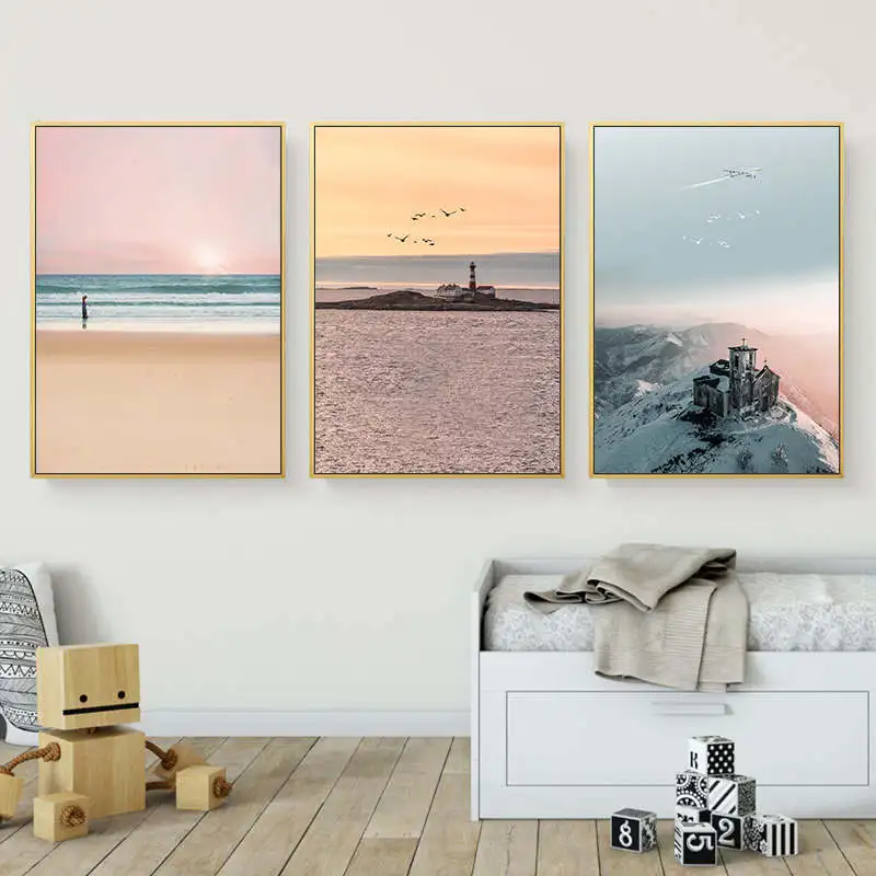 Скандинавский постер Постер Морская волна и мост на закате настенные картины для