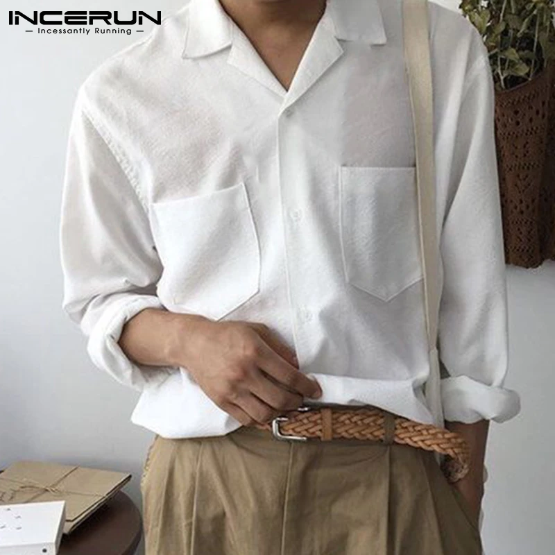 

Топ INCERUN, новинка 2021, мужская Свободная блузка в японском и корейском стиле с длинным рукавом, повседневная Однотонная рубашка с двумя карма...