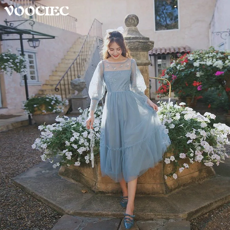 

Женское Сетчатое платье VOOCIEC, весенне-осеннее платье с вышивкой в стиле ретро Mori Girl, милое платье с пышными рукавами в стиле дворца