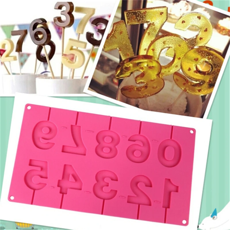 

0-9 Numbers Shape Lollipop Silicone Mold 3D Hand Made Sucker Sticks Chocolate Lollipop Mold With Sticks Party Decoration