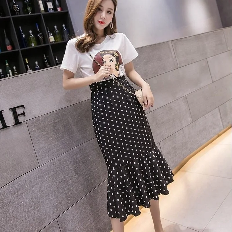 

New Summer Polka Dot Mermaid Skirt for Women Spring Elastic Waist Korean OL Midi Skirts White Black Jupe Femme Y913