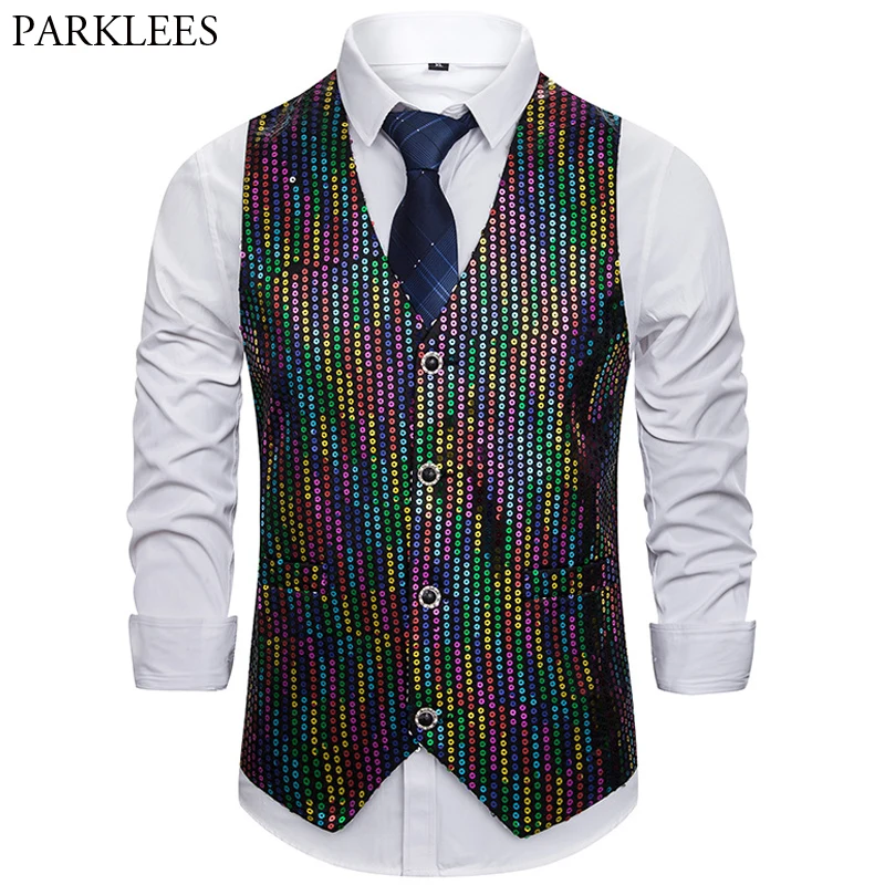 Блестящий яркий мужской жилет с блестками однобортный повседневный тонкий