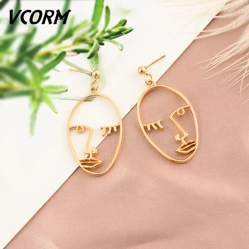 VCORM New Vintage Gold Long Drop Earrings for Women 2021 Statement Abstract Hollow Fashion Metal Face Dangle Jewelry... | Украшения и