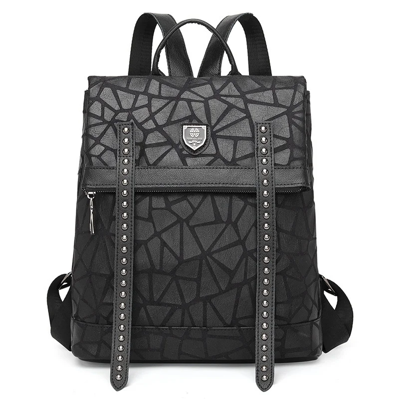 

VOLASSS Composite Cowhide Leather Backpack For Teenage Girls Women Fashion Rivet Black Women's Bag School Bags Backpack Female