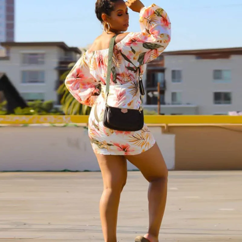 

Women Summer Flower Print Casual Slim Mini Dress Ladies Sexy off shoulder pleated Party dress streetwear