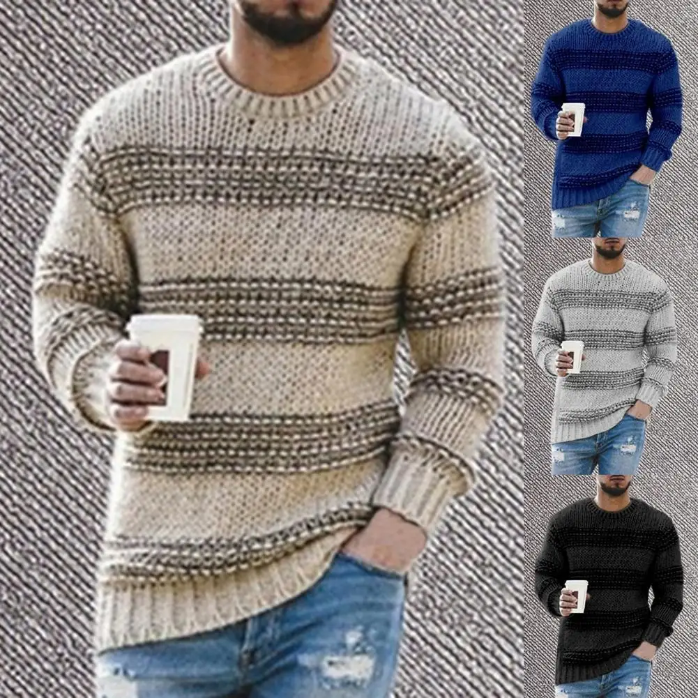

2021 Stylish Long Sleeve Pullovers Men Sweater Striped Print Casual O Neck Stretchy Knitted Pullover Sweater Knitwear Streetwear