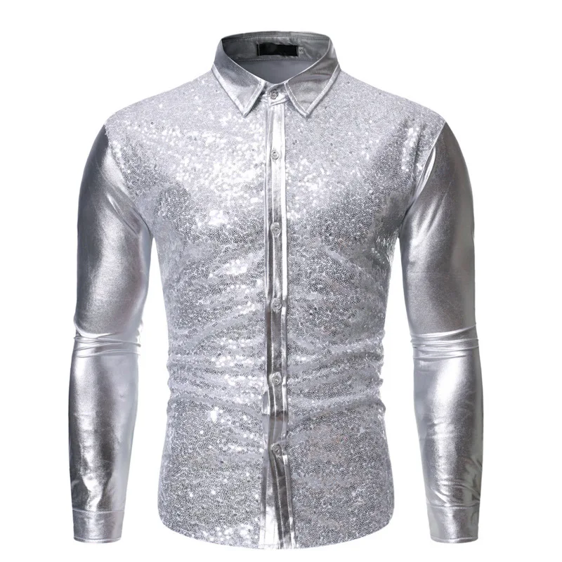 silver Shiny Gold Sequin Men Shirt Metallic Glitter Mens Party Dance DJ Shirts Stylish Night Club Long Sleeve Shirt Men Camisas Hombre - Цвет: silver