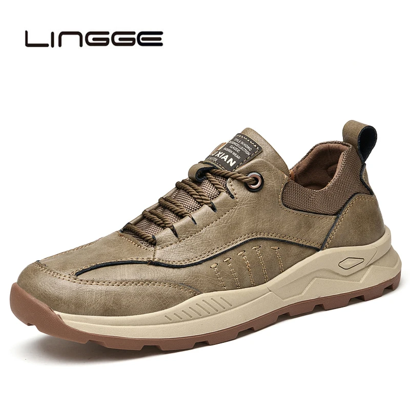 

LINGGE Men Shoes Fashion Genuine Leather Loafers Breathable Autumn Lace Up Comfortable Casual Outdoor Sneakers Zapatos Hombre