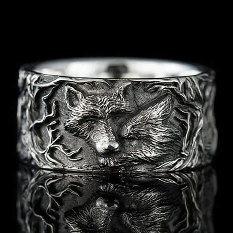

2021 Hot Sale Creative Men's Ancient Silver Color Wolf Totem Jungle Animal Metal Ring for Men Party Jewelry Size 6-13