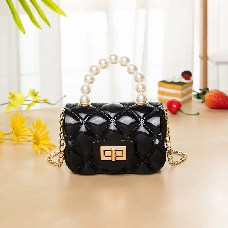 

Women Mini Handbag New Elegant Shoulder Messenger Portable Chain Bag Girl PVC Jelly Bag Pearl Crossbody Rhombus Small Square Bag