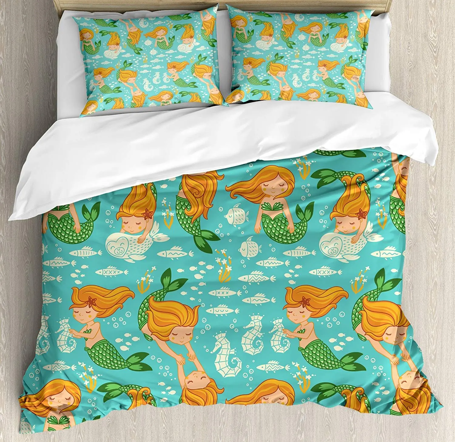 

Комплект постельного белья с изображением русалки, подводный мультяшный мир, маленькая Русалка, для девочек, друзей, морская лошадь, ракушк...