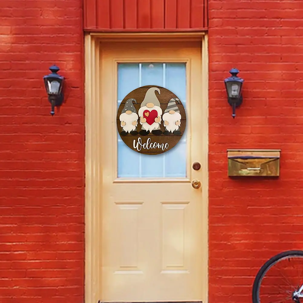

Front Door Welcome Sign Gnome Pattern Farmhouse Porch Hanging Round Wood Bar Home Door Wall Welcome Plaque Party Wedding Decor