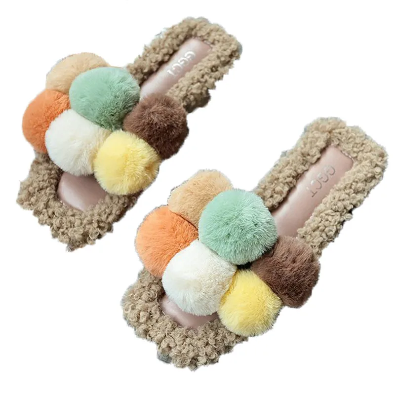 Coslony/зимние женские плюшевые тапочки меховые шлёпанцы с помпонами милая обувь