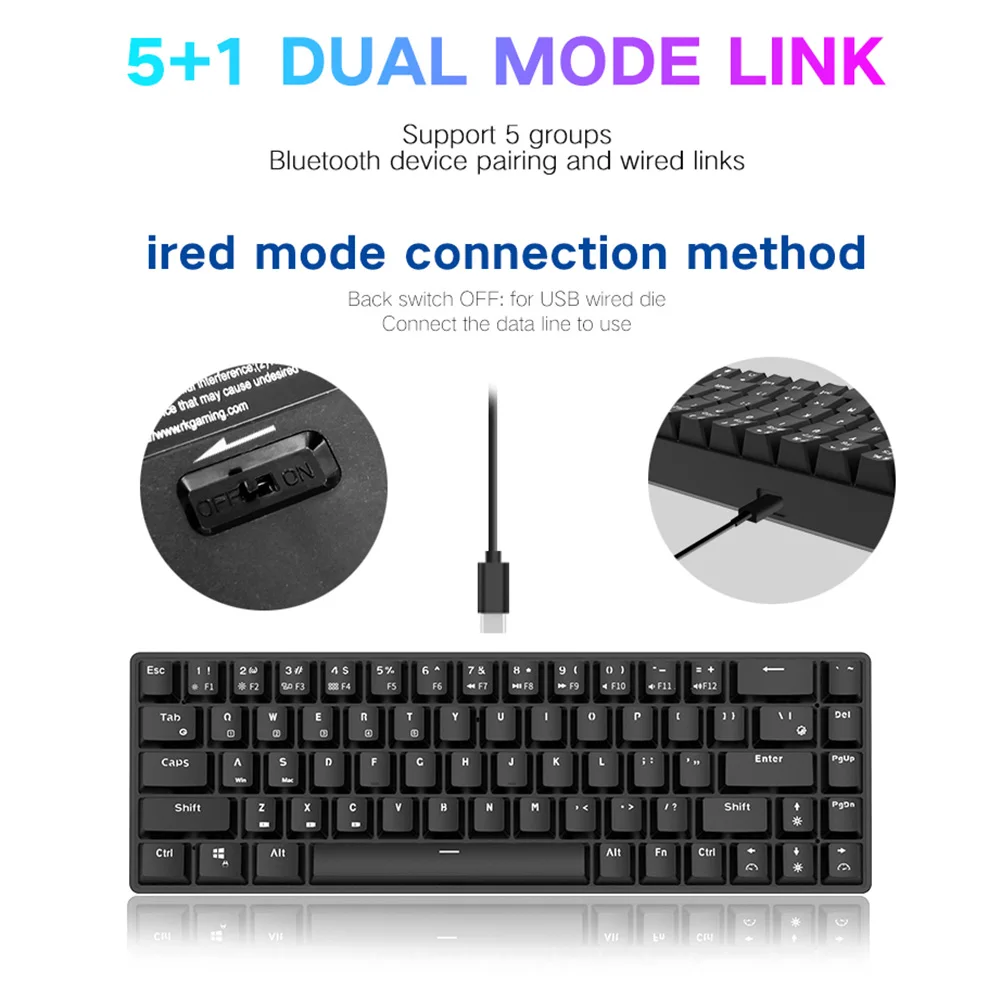 

68 Keys Wireless Bluetooth Mechanical Gaming Keyboard USB Dual Mode RGB Backlight Multi-Device Keyboard Green/Red/Brown Switch