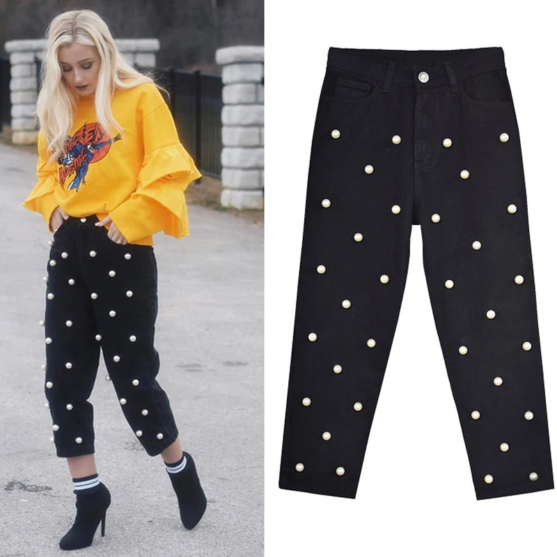 

Женские джинсы прямого кроя, черные джинсы прямого кроя с высокой талией, Украшенные бусинами и жемчугом