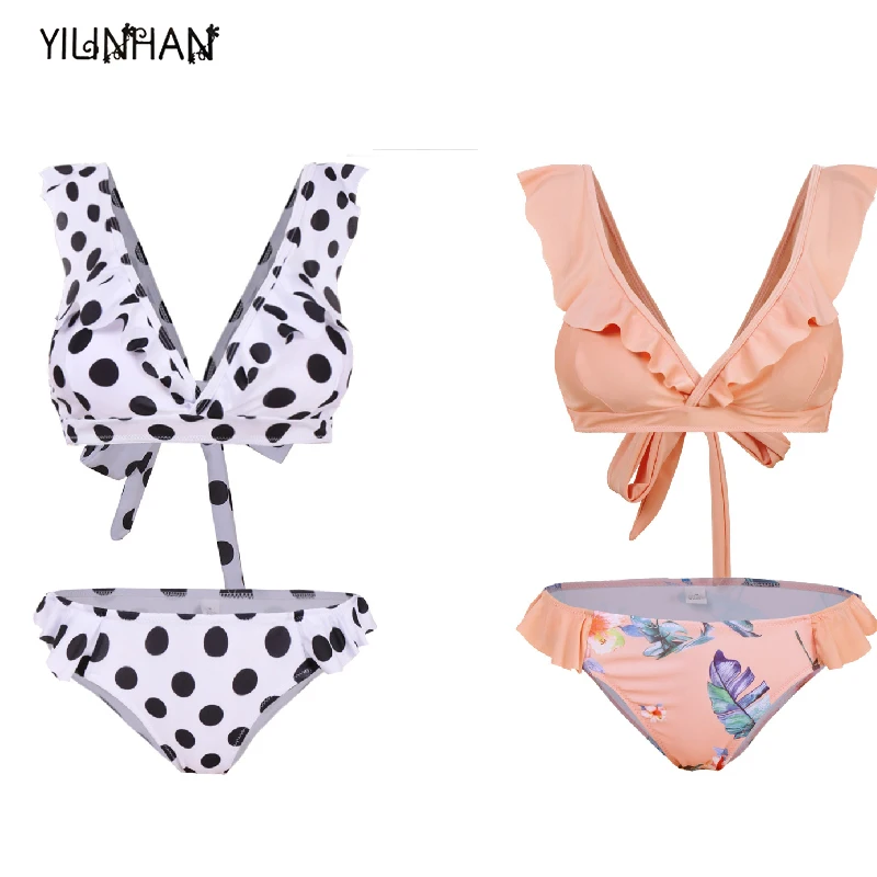 

YILINHAN 2021 Sexy Dot Print Thong Bikini Swimsuit Push Up 2 Piece Set Mini Swimwear Women Summer Hollow Out Beachwear Biquini