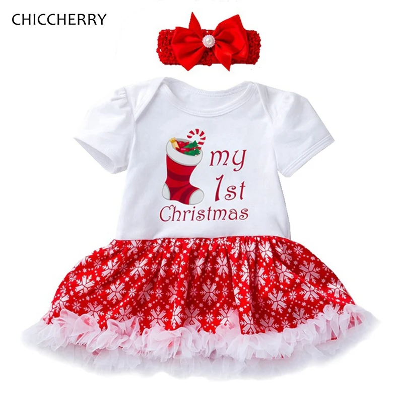 

Xmas Stocking Snowflake Print Lace Tutu Baby Christmas Girl Romper Dress with Headband Newborn Infant Clothing Toddler Outfits