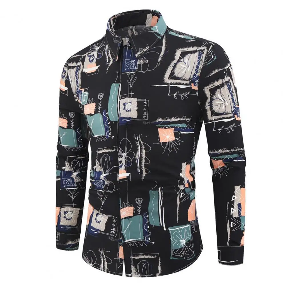 

Man Shirts Autumn Printed Long Sleeve Buttons Slim Shirt Turn Down Collar Blouse Top Lightweight Casual Thin Clothes Plus Zise